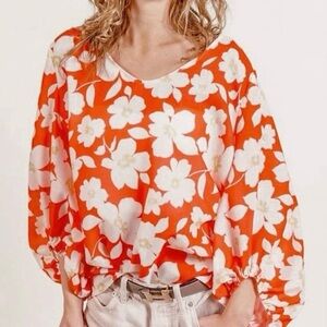 Orange and White Floral Blouse